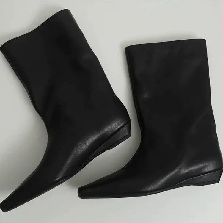Women's Cowhide Version Minimalist Style Square Toe Wedge Boots
