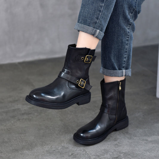 Women's Washed First Layer Cowhide Belt Buckle Knight Boots