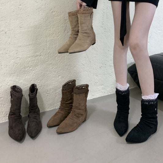 Women's Lace French Pleated Pile Style Pointed Toe Chunky Temperament Knee-high Women's Leather Boots