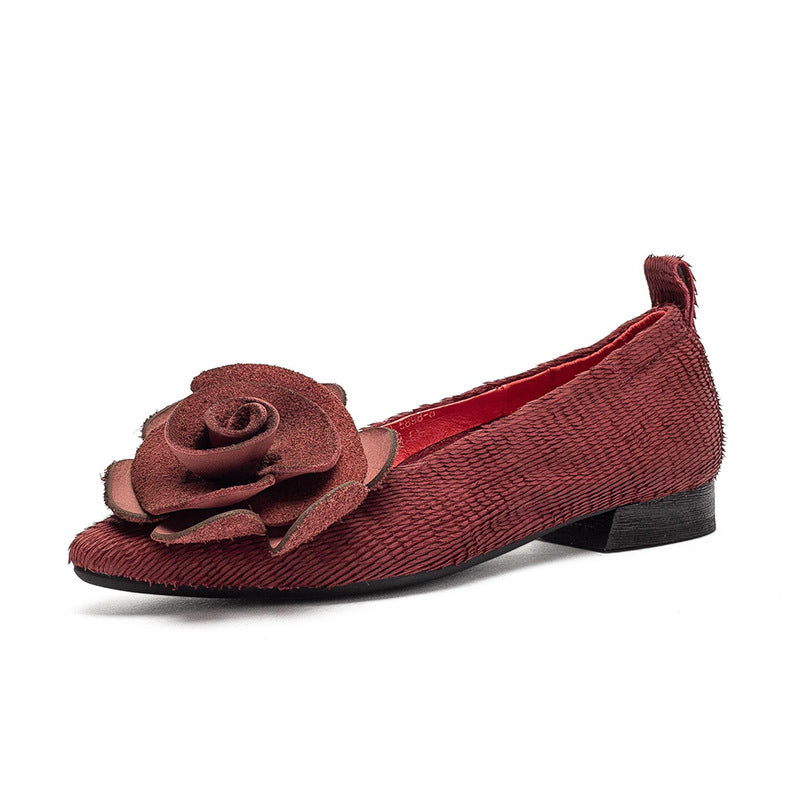 Layer Cowhide Flower Flat Pumps Slip-on Lofter Lightweight Comfortable Fashionable Women's Casual Shoes