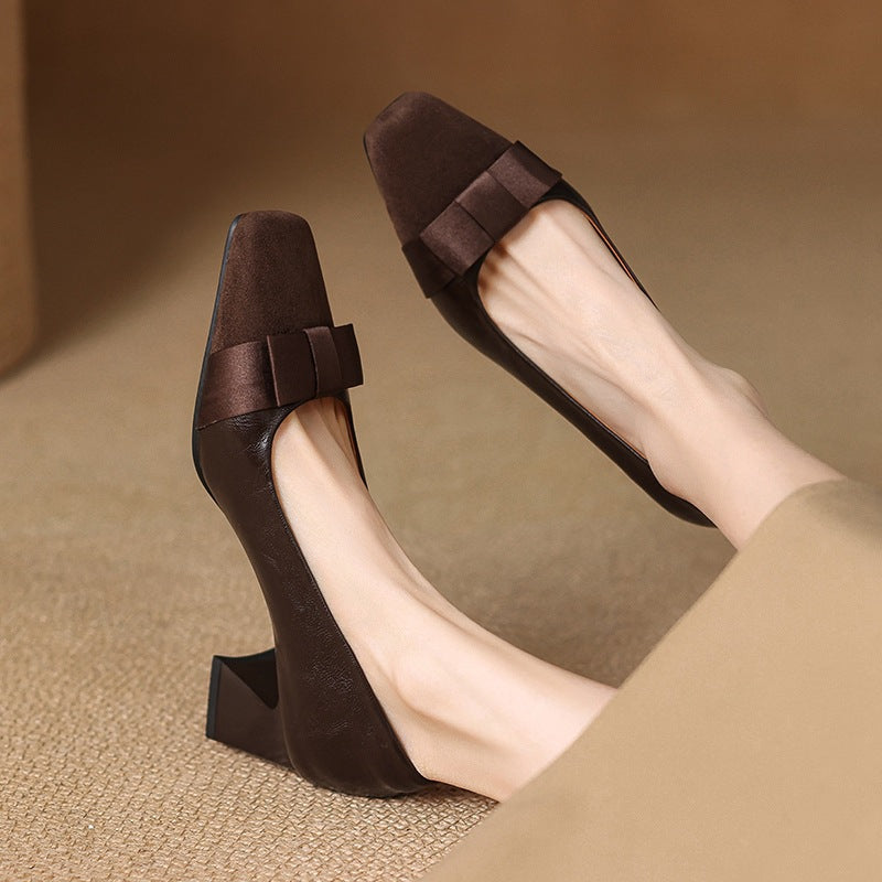 Women's Large Size Retro Square Toe Stitching Chunky Pumps Bow Men's Shoes
