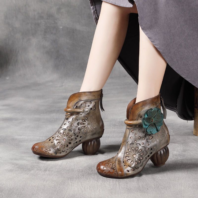 Women's Authentic Hollow Out Roman Comfortable Round Toe Cowhide High Heeled Sandals