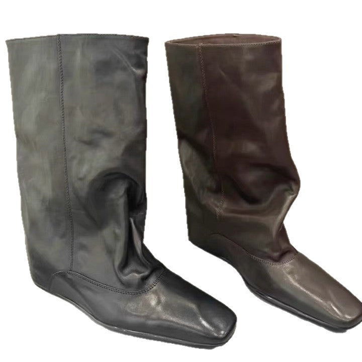 Women's Ruffle Square Head Height Increasing Insole Women's Leather Boots