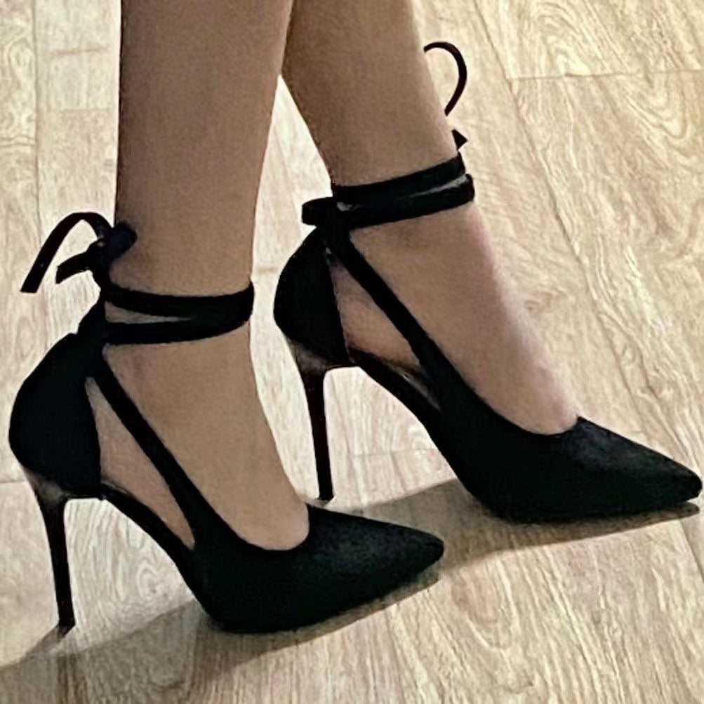 Black Plus Size High Niche Design Sexy Crossover Lace Heels