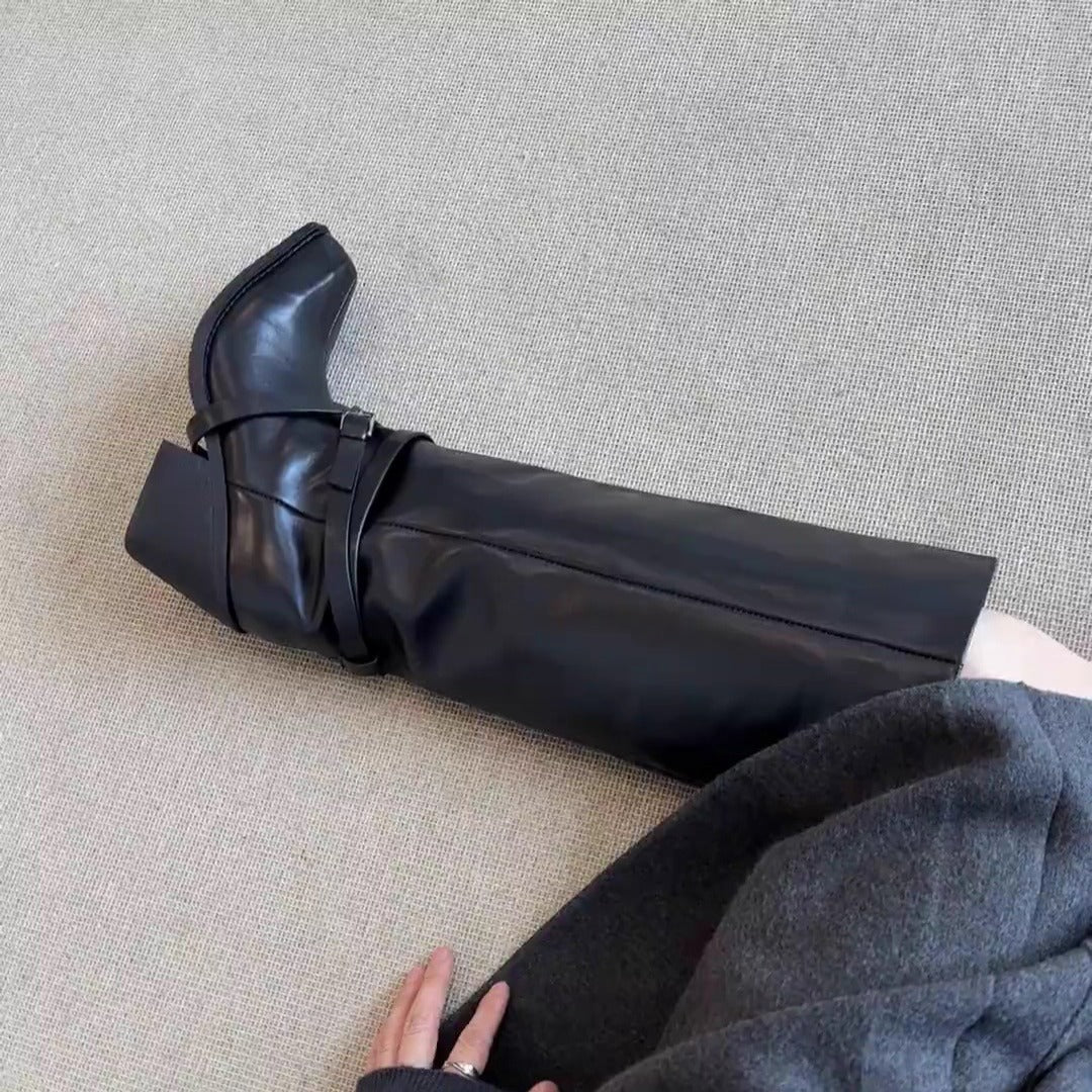 Women's Sheepskin Korean Style Black Thigh Highs Motorcycle Belt Buckle Women's Leather Boots