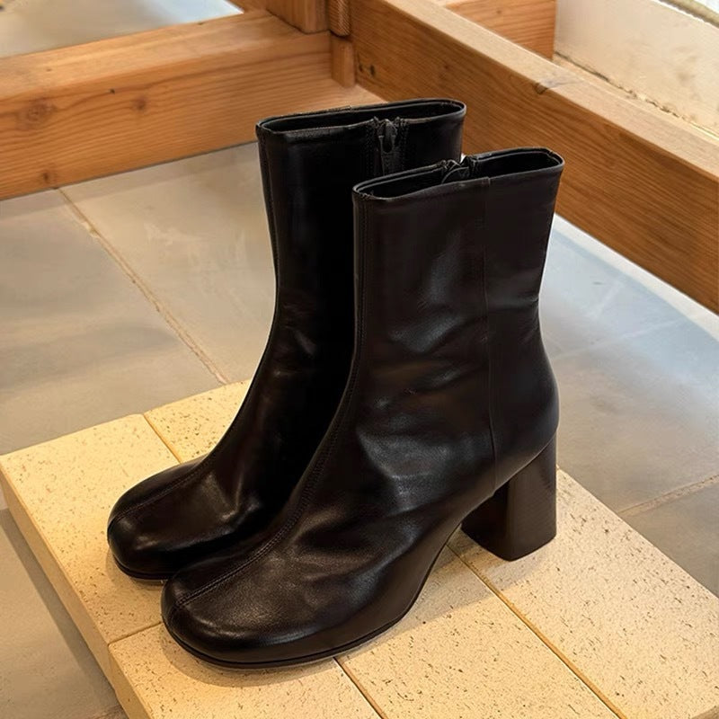 Women's Cowhide Side Zipper Fashion Short Chunky High Martin Heels