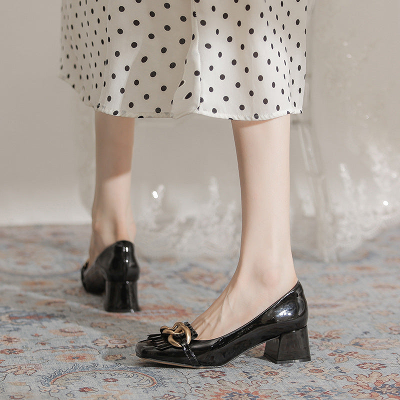 Chunky Mid Square Toe Low-cut Black Heels
