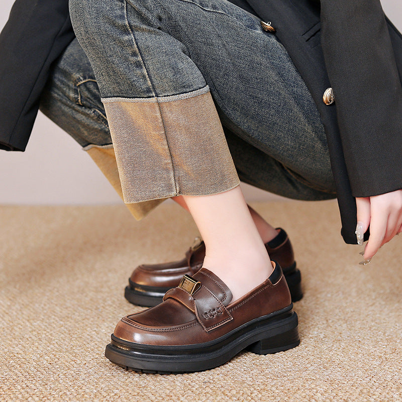 Women's French Style Temperament Pumps Round Head Chunky Brown Leather Shoes