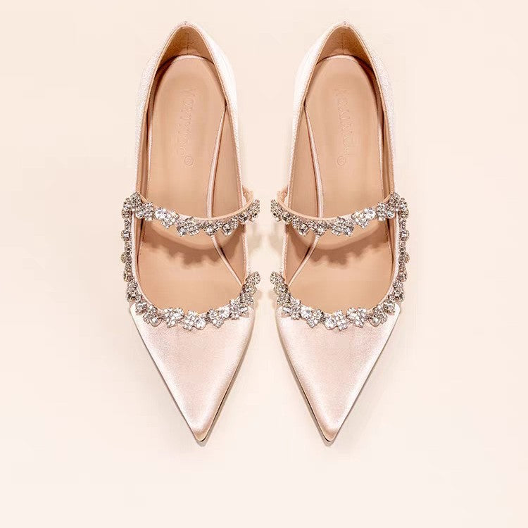 Women's Champagne Stiletto Pointed Toe Rhinestone French Style Beautiful Pumps Bridesmaid Heels