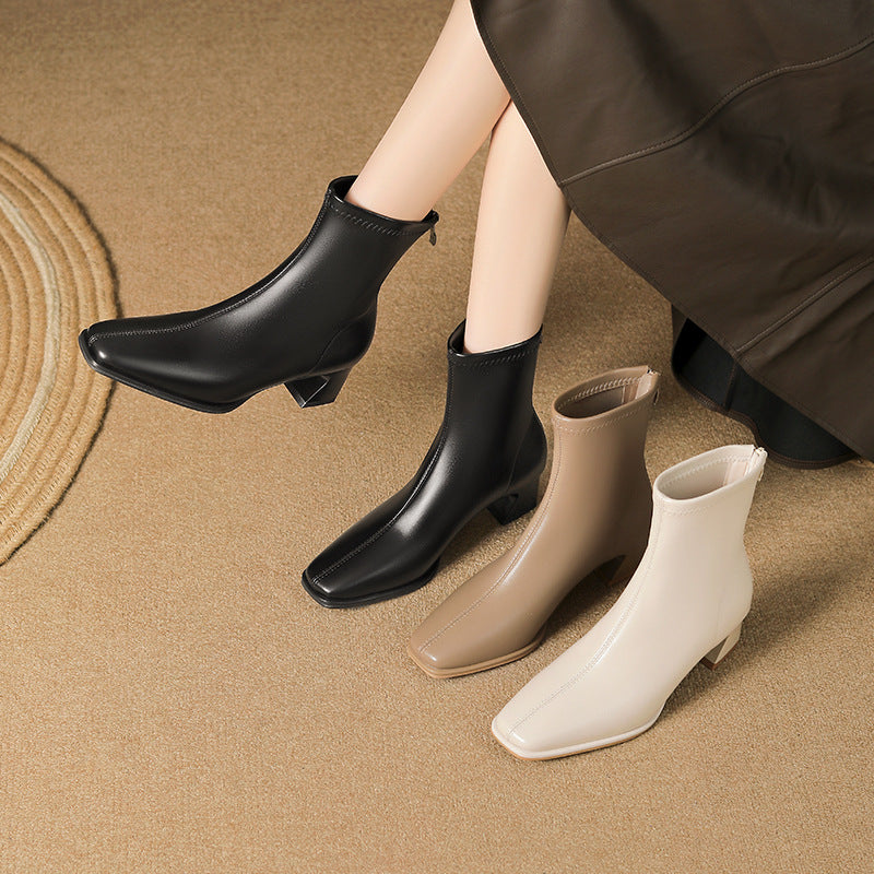 Women's French Style Chunky Short Commuter Back Zipper Boots