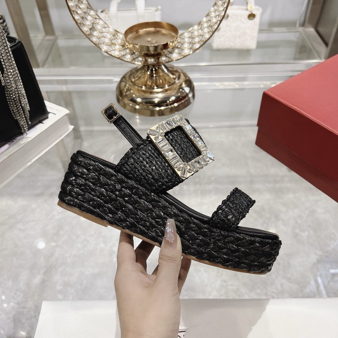 Women's Platform Buckle Square Toe Drill Fashion Sandals