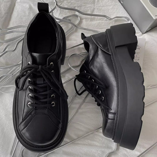 Men's Thick Bottom Derby Cowhide Fashion British Black Big Casual Shoes