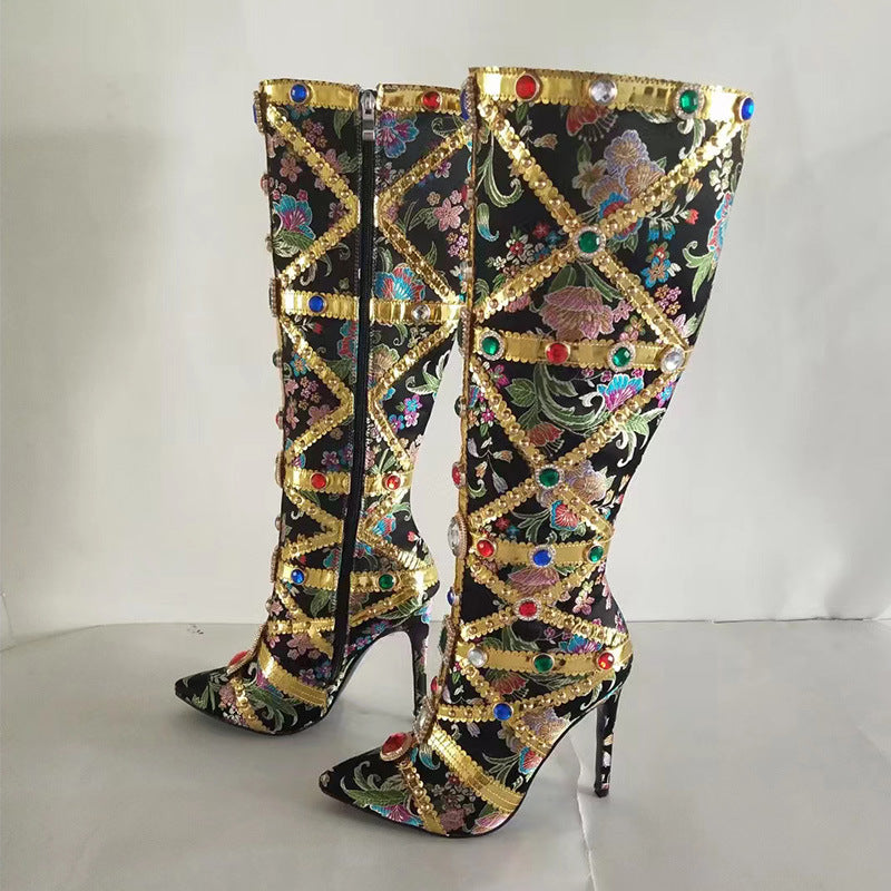 Toe Stiletto Side Zipper Heavy Handmade Rhinestone Embroidery Fashion Plus Women's Leather Boots