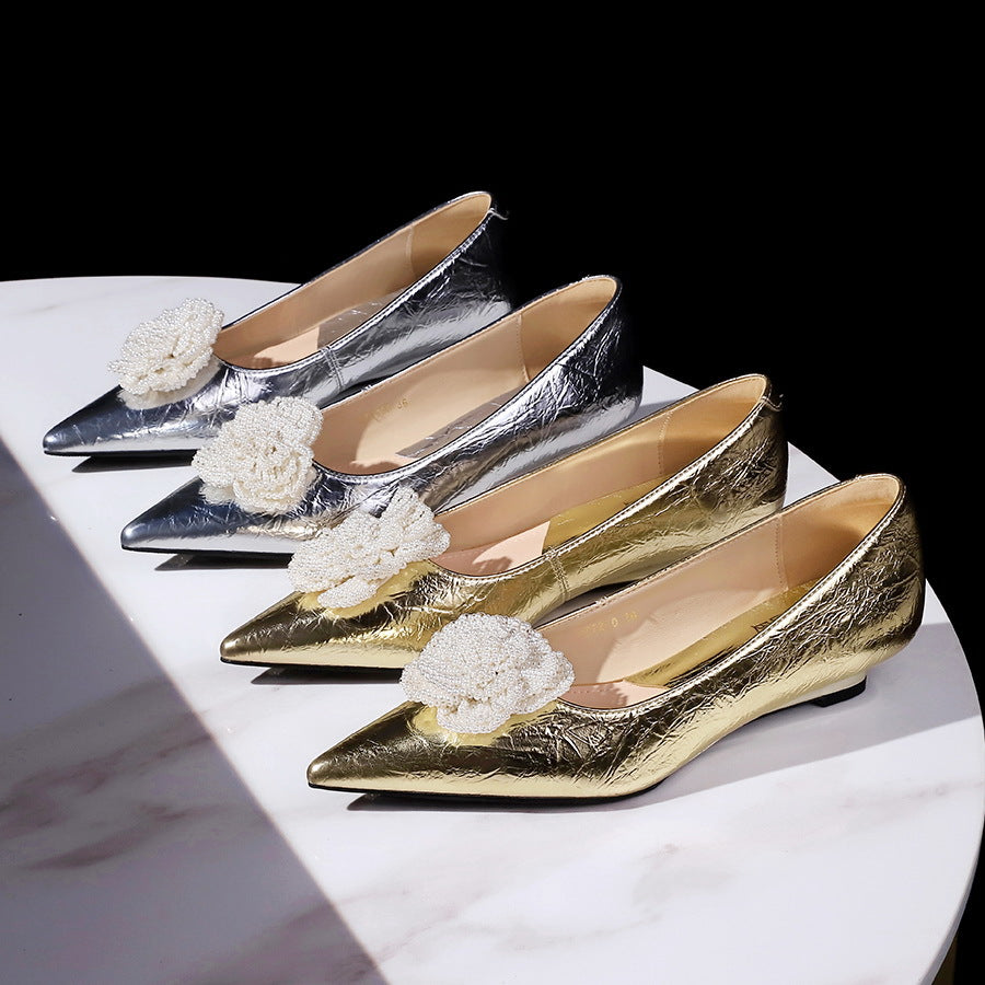 Women's Style Low-cut Pearl Flower Bow Tie Wedding Wedge Heels