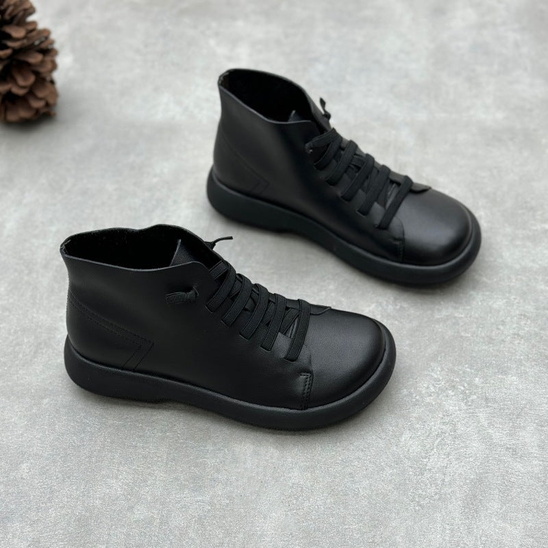 Women's Crafts Round Toe Flat Bottom Elastic Slip-on First Layer Women's Leather Boots