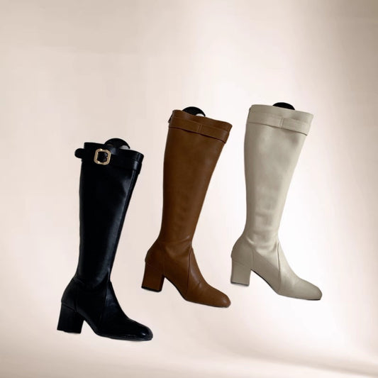 Women's Home Belt Buckle High-heeled Thigh Chunky Square Women's Leather Boots