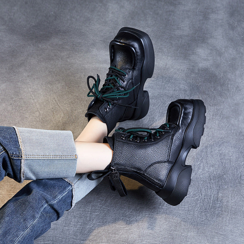 Female Square Toe Thick Bottom Martin Top Layer Women's Shoes