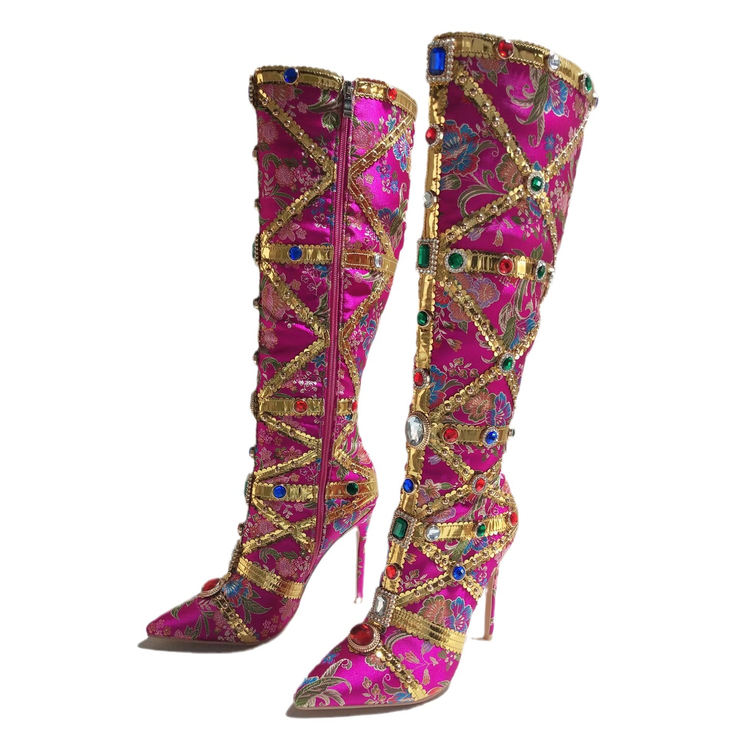 Toe Stiletto Side Zipper Heavy Handmade Rhinestone Embroidery Fashion Plus Women's Leather Boots