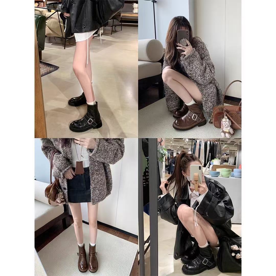 Women's Version Su Washed Shrink Pattern Side Zipper Fleece Biker Women's Leather Boots