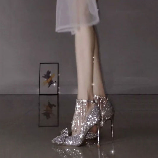 Women's Sier High Stilettos Bow Chain Rhinestone Women's Fashion Shoes