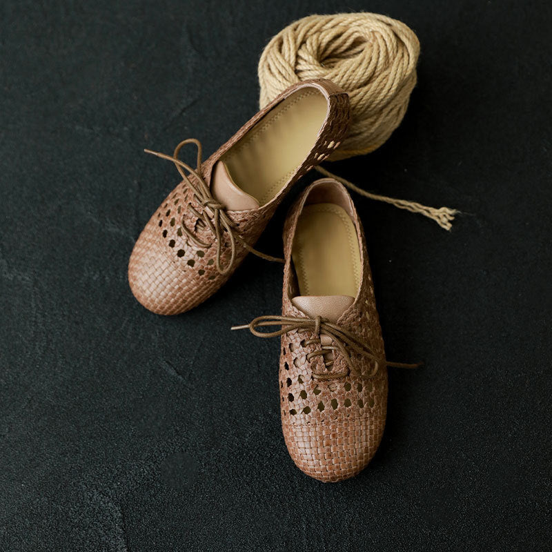 Women's Sheepskin Round Toe Hollow Out Woven Summer Flat Sandals