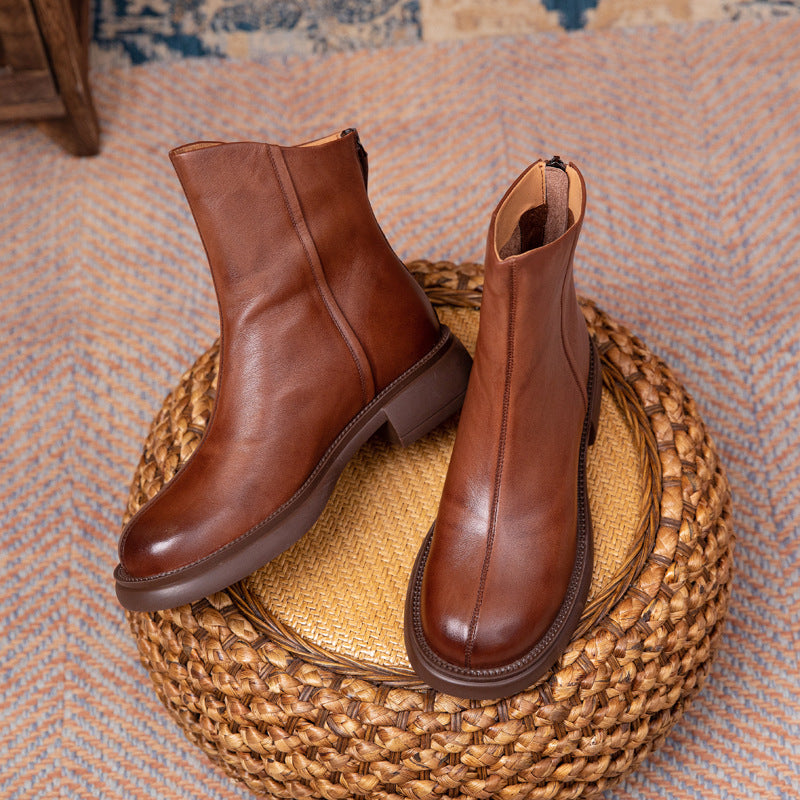 Women's Layer Cowhide Autumn Flat Ankle Retro Boots