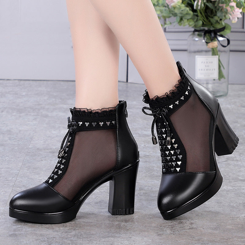 Women's Ankle Yarn Net Chunky Platform Mother Round High Heeled Sandals