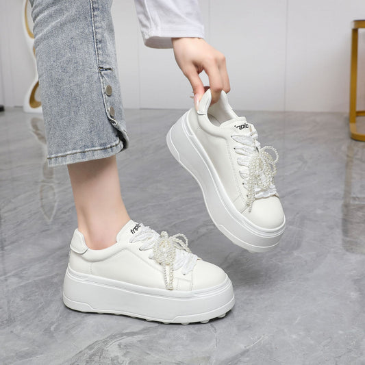 Women's White Trendy Bow Pearl Chain Platform Height Women's Casual Shoes