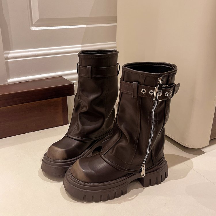 Women's Brown Slimming British Style Platform Martin Summer Women's Leather Boots
