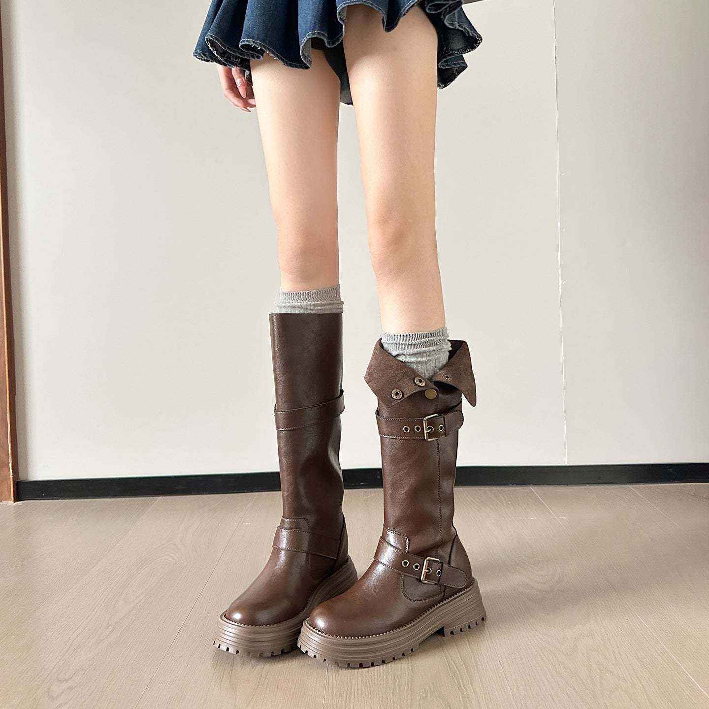 Women's Autumn Height Increased Retro Folding Two-way Wear Thick Bottom Fleece-lined Women's Leather Boots