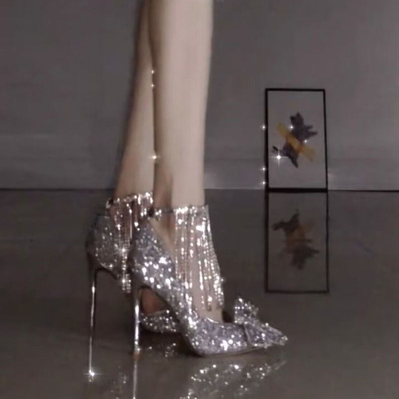 Women's Sier High Stilettos Bow Chain Rhinestone Women's Fashion Shoes