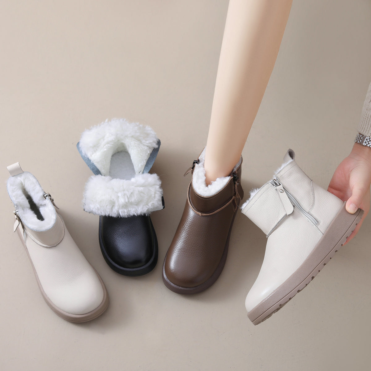 Women's First Layer Cowhide Winter Wool Platform Warm Booties Thickened Snow Boots