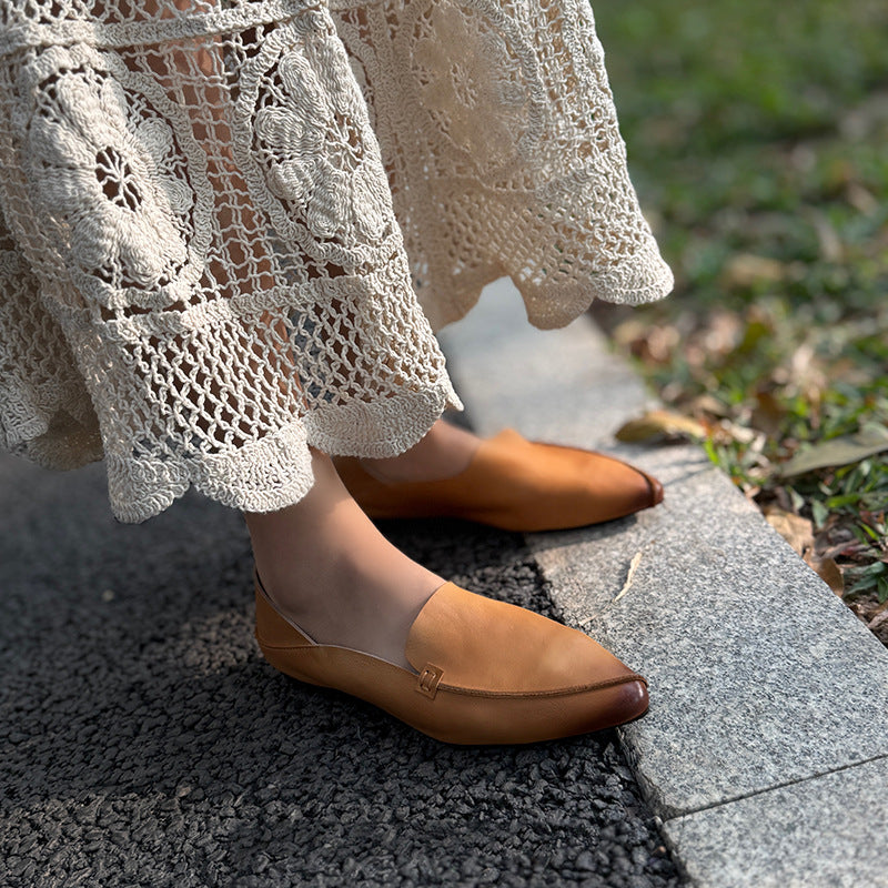 Women's Color First Layer Cowhide Pointed Toe Mid Mouth Low Top Women's Fashion Shoes