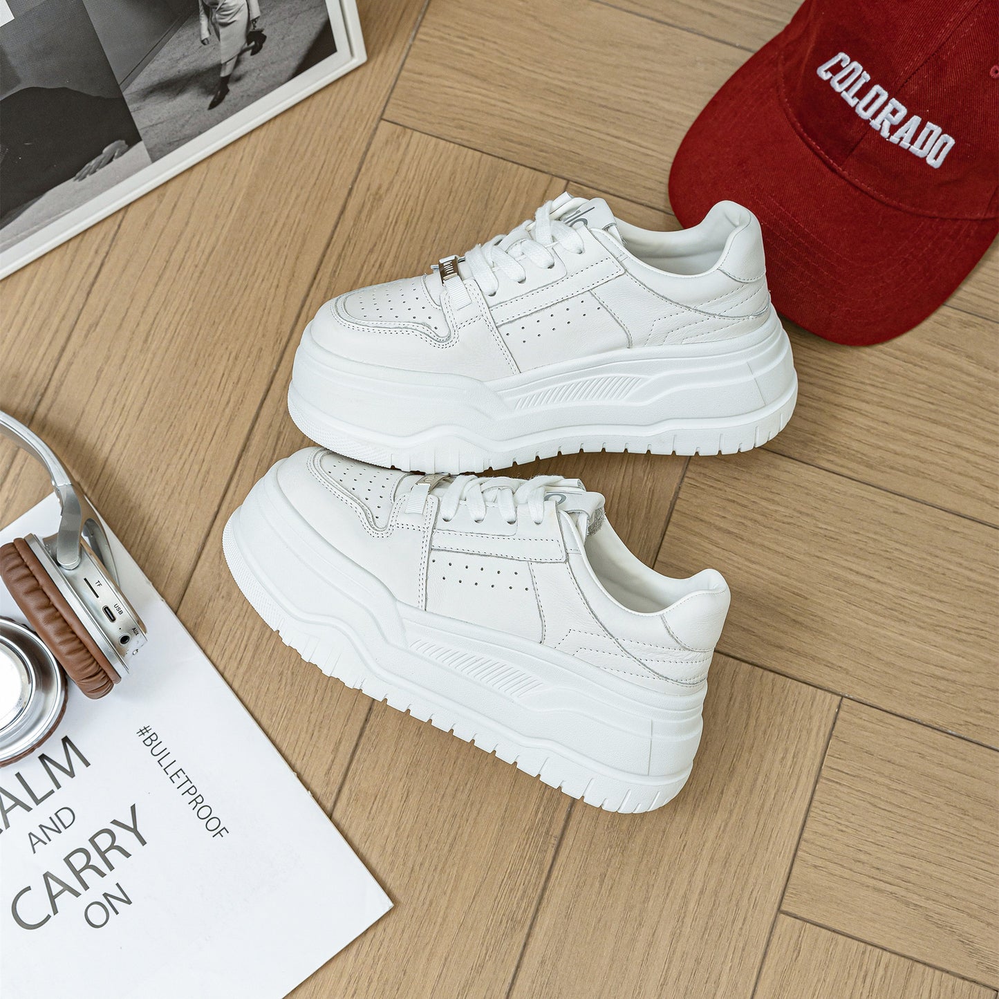 Women's Layer Cowhide Muffin Platform White Versatile Single-layer Women's Board Shoes