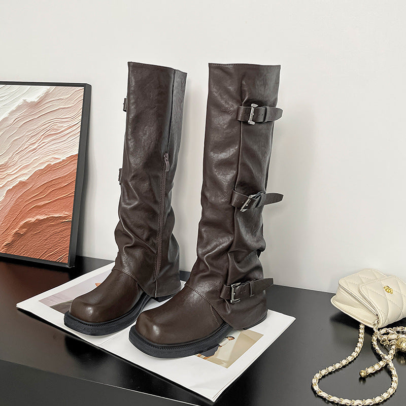 Increasing Insole Long Female Grape Mom Thick Bottom Belt Buckle Women's Leather Boots
