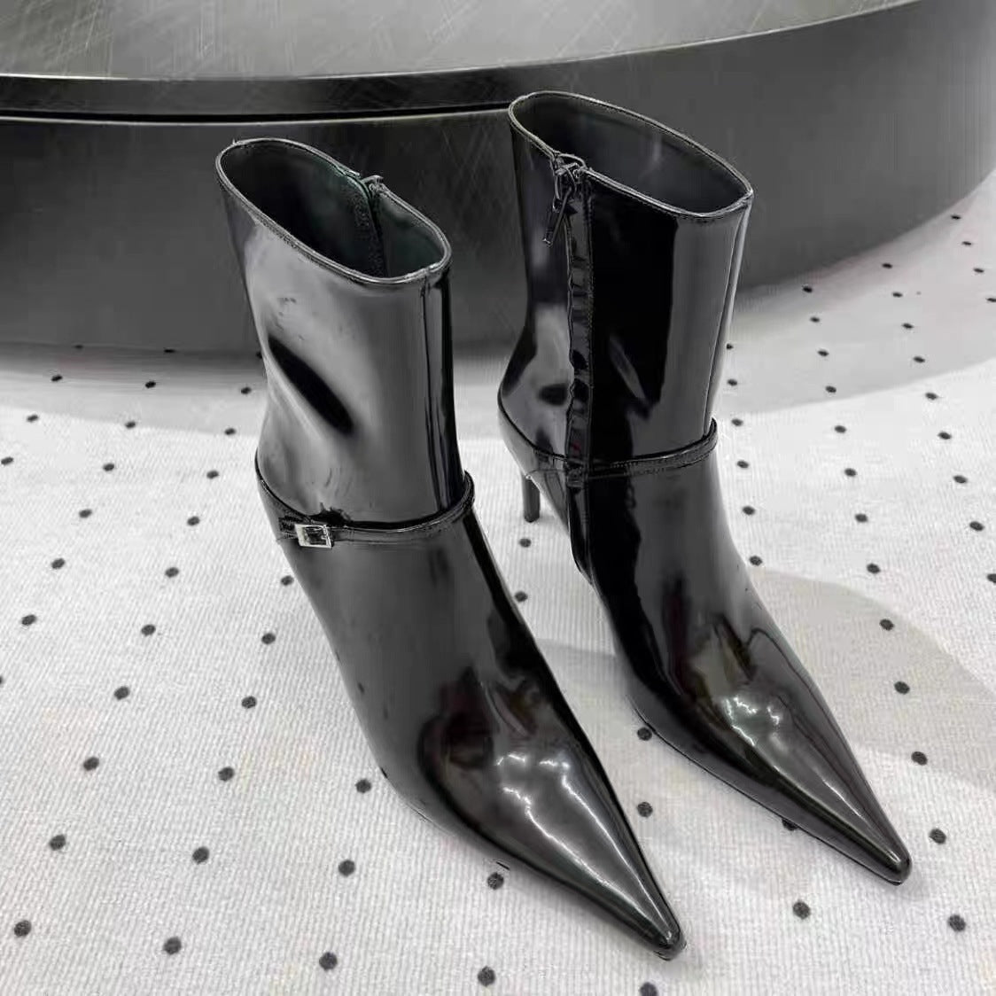 Women's Ankle Black Metal Buckle Sexy Stiletto Boots