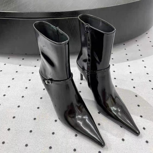 Women's Ankle Black Metal Buckle Sexy Stiletto Boots