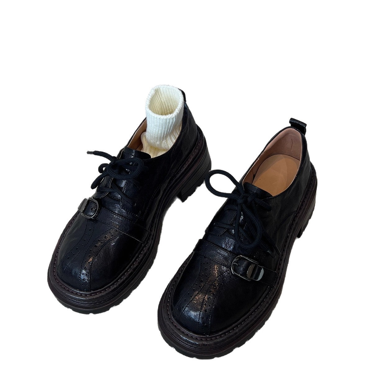 Women's Thick-soled Metal Strap British Small Black Leather Shoes