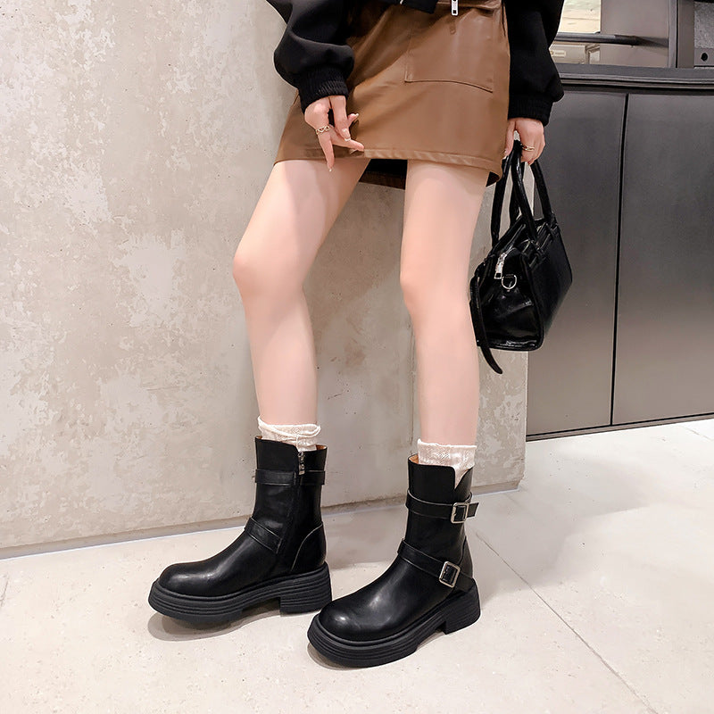 Women's Belt Buckle High Martin Versatile Korean Women's Leather Boots