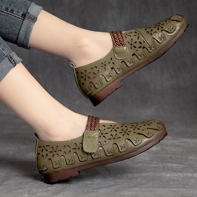Women's Shu Retro Hollow Hole First Layer Flat Sandals