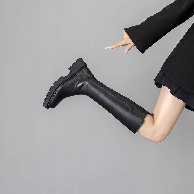 Tube Circumference Springy Thigh Thick Bottom Widened Women's Leather Boots