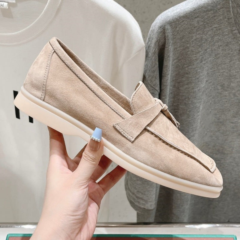 British Slip-on Lazy Pumps Deerskin Round Head Tassel Hardware Women's Casual Shoes