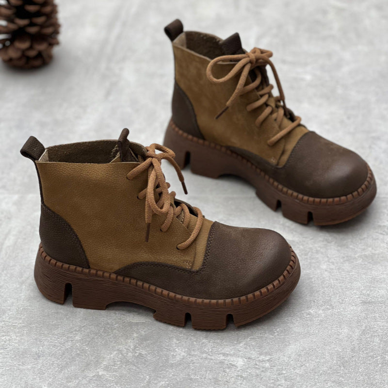 Retro Handmade Genuine Platform Martin Round Toe Women's Leather Boots
