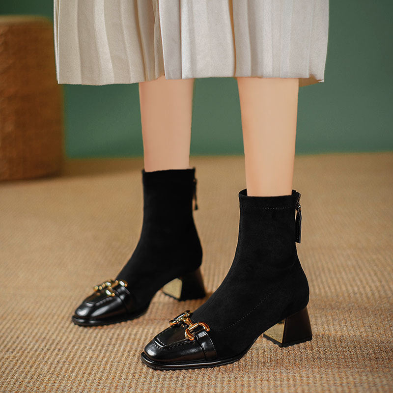 Female Stitching Square Head Chunky Retro Boots