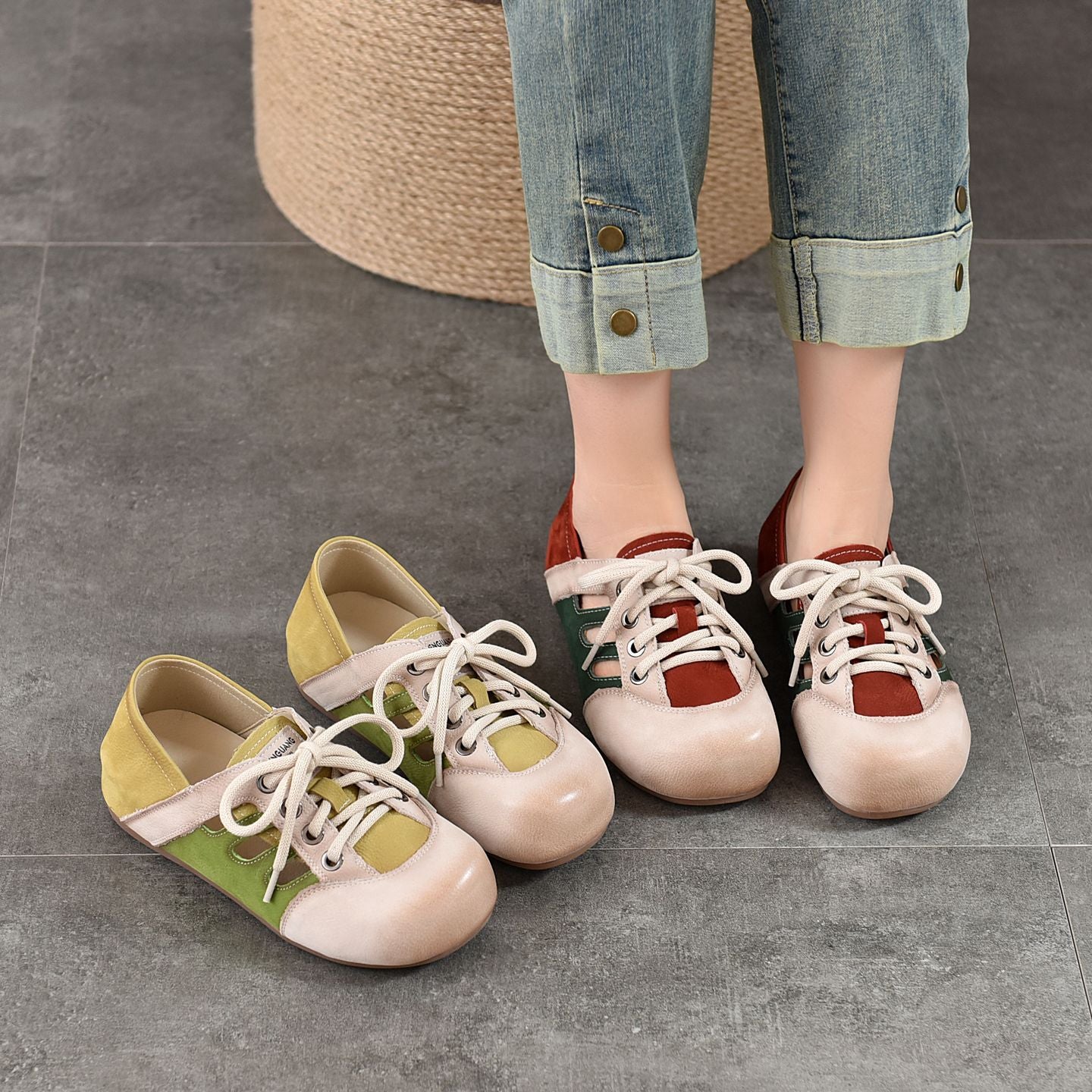 Women's Ugly Cute Color Matching Hollow Out Genuine Leather Shoes