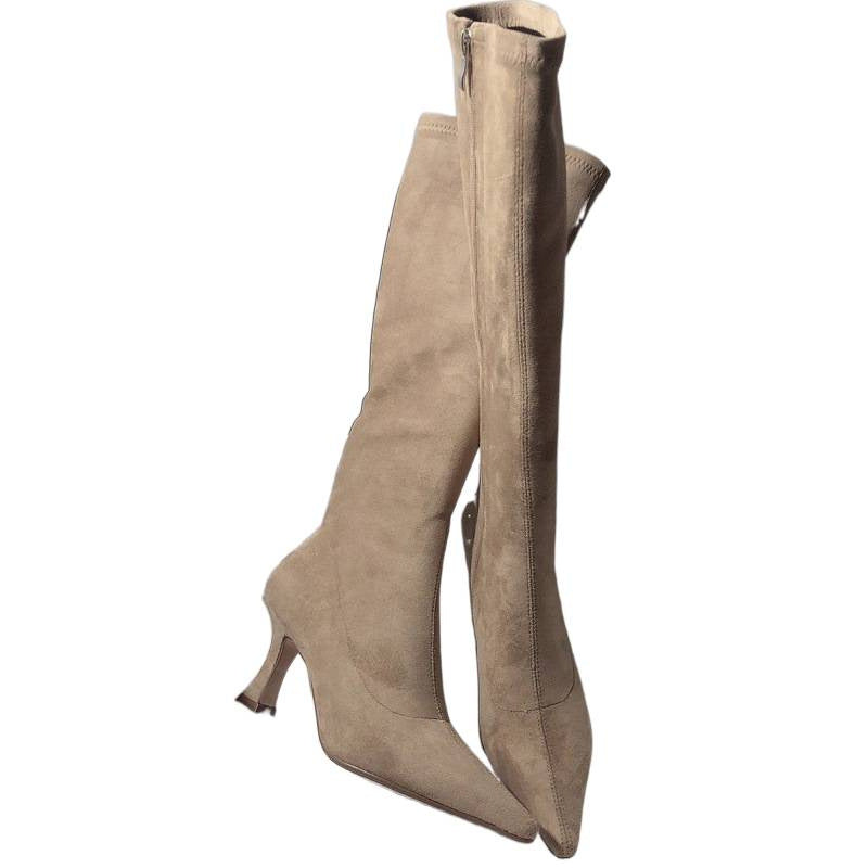 Men's Simple Below The Knee Stretch Frosted Skinny Side Zipper Women's Leather Boots