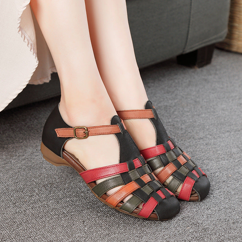 Women's Color Matching Woven Brushed Soft Cowhide Retro Women's Casual Shoes