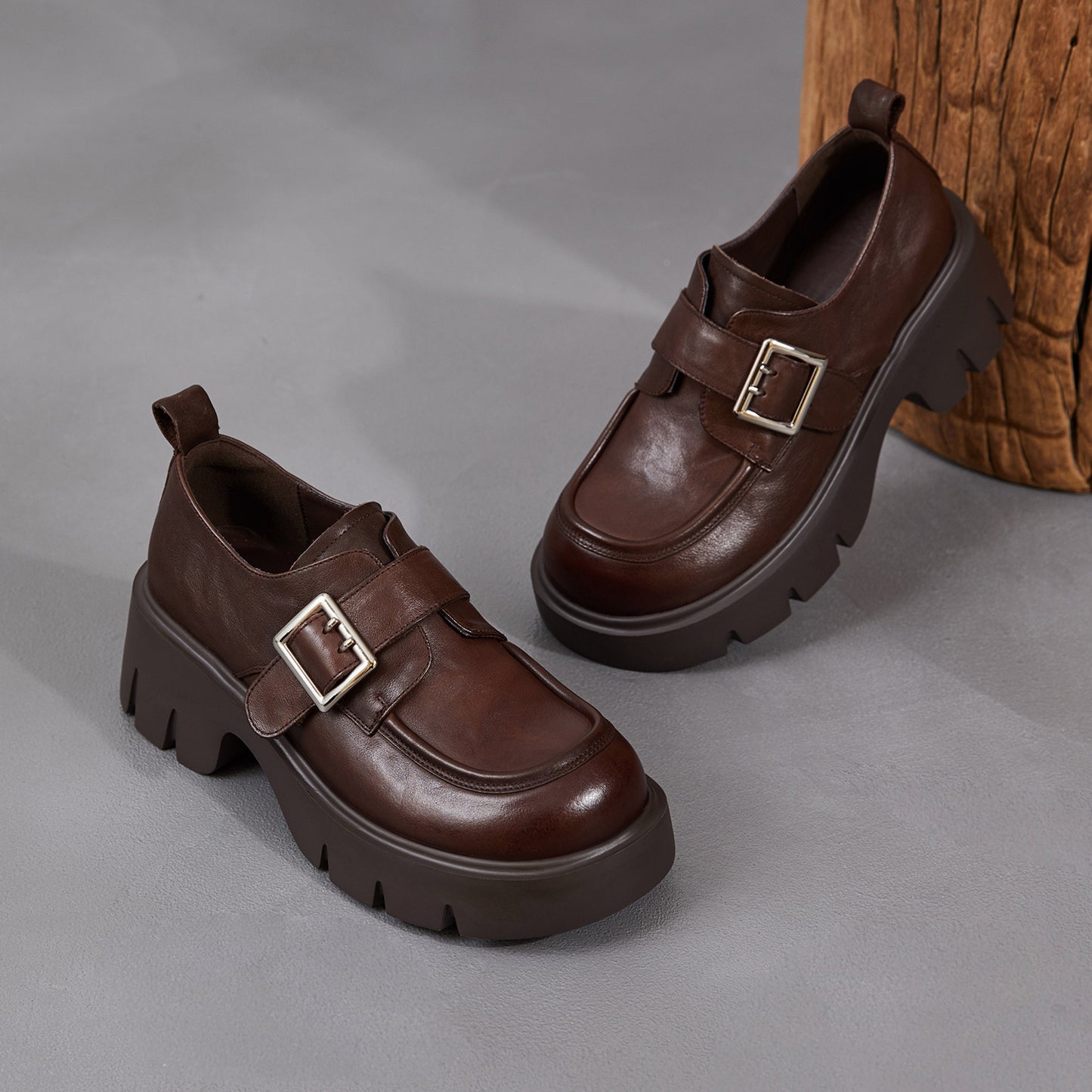 Women's British Retro Platform Spring Black Velcro Deep Mouth Belt Women's Casual Shoes