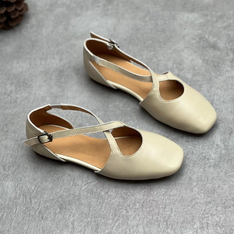Women's Genuine Cross Mori Style Artistic Square Toe Temperament Wild Flat Women's Casual Shoes