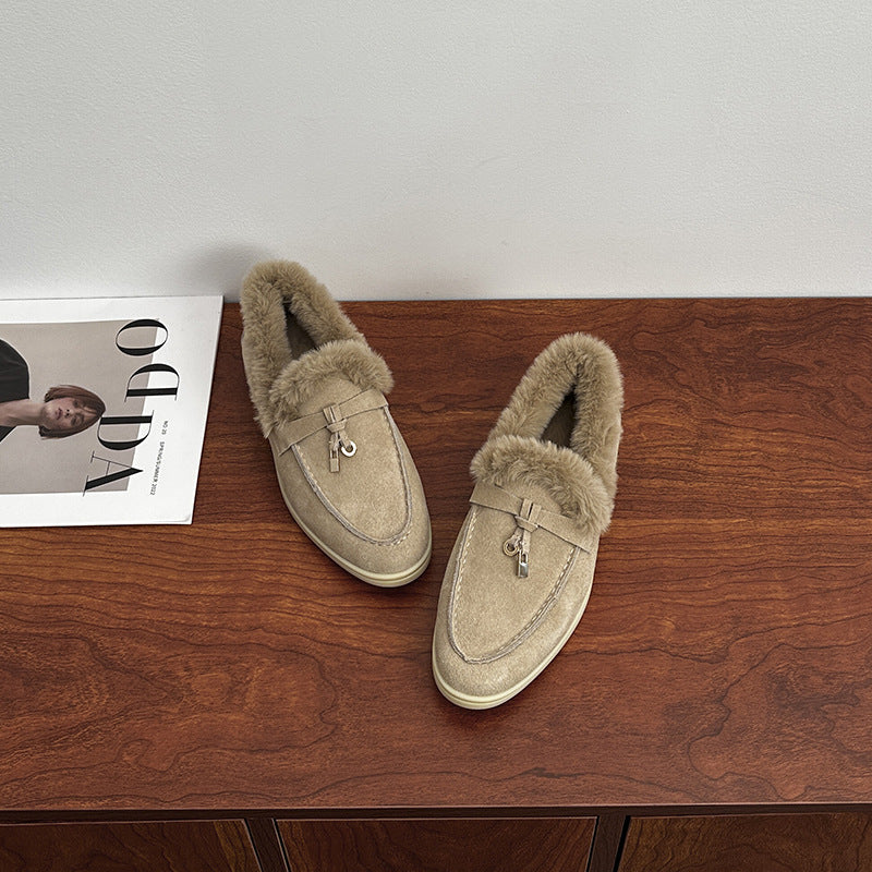 High Version Fleece-lined Closed Toe Wool Flat Loafers